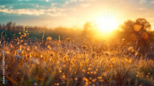 Sunset over a meadow with grass and flowers in the foreground