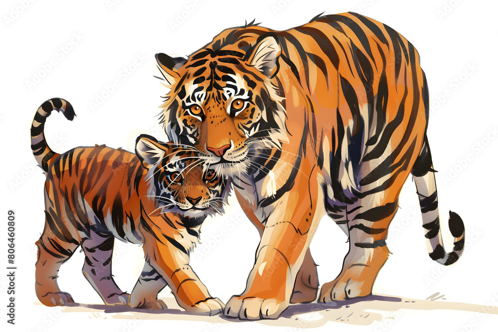 A cute cartoon tiger mother and cub