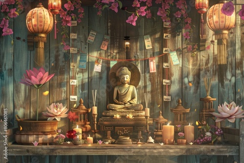 Buddha's Birthday Celebration with Lotus Flowers, Incense, and Lanterns on Wooden Background