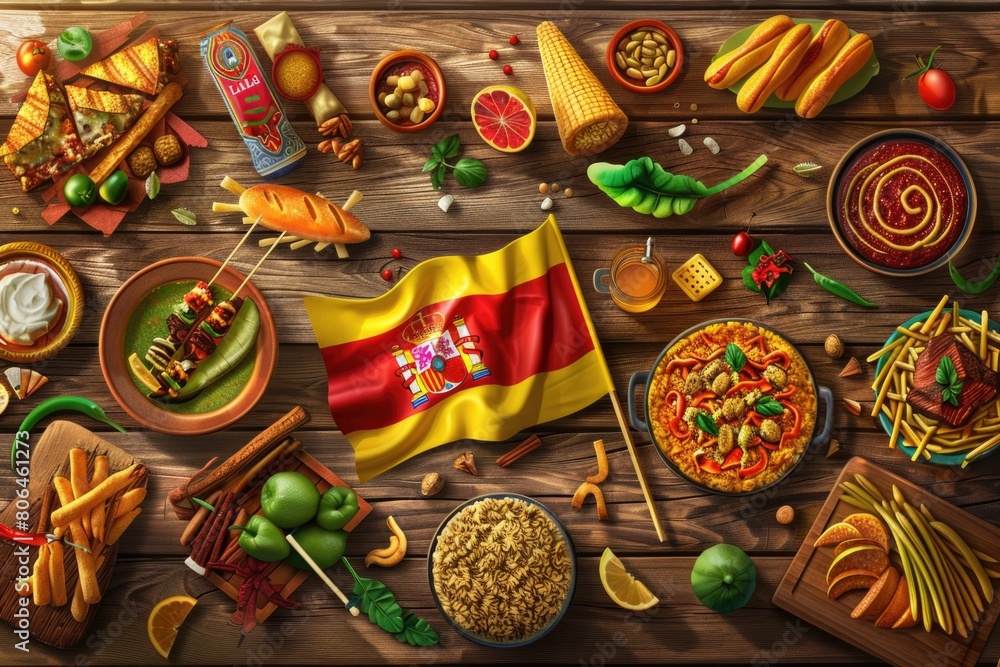Display of Spain Day with Spanish flag, landmarks, cuisine, and flamenco dancers on a wooden background.