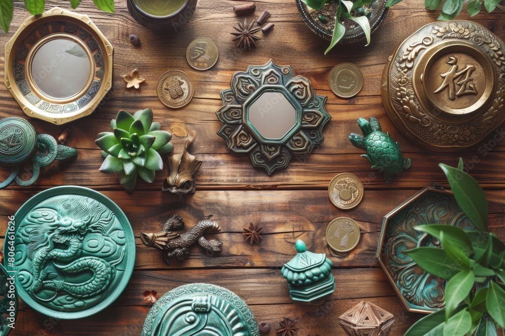 Feng Shui Scene with Bagua Mirrors, Chinese Coins, and Water Fountains on a Wooden Background Feng Shui Scene with Bagua Mirrors, Chinese Coins, and Water Fountains on a Wooden Background