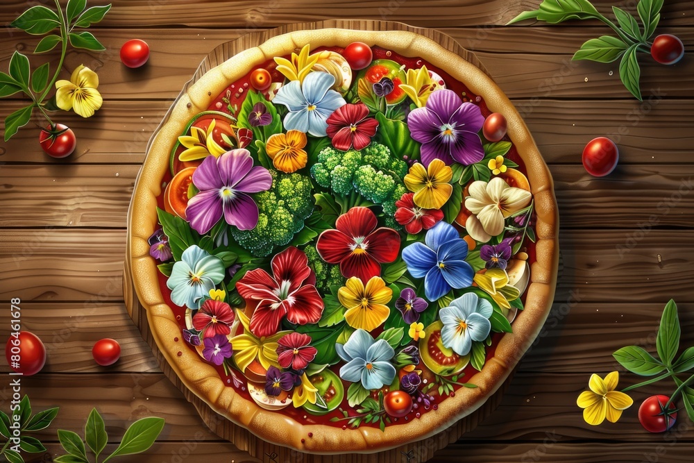 Floral Pizza on Wooden Background with Edible Flower Toppings and Golden Crust Enhanced by Soft Lighting Floral Pizza on Wooden Background with Edible Flower Toppings and Golden Crust Enhanced by Soft Lighting