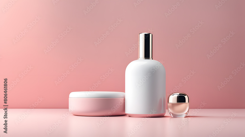 A white bottle of perfume is on a table next to a pink bowl and a pink container A white bottle of perfume is on a table next to a pink bowl and a pink container