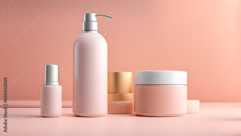 A row of pink beauty products, including a bottle of lotion, sit on a table A row of pink beauty products, including a bottle of lotion, sit on a table