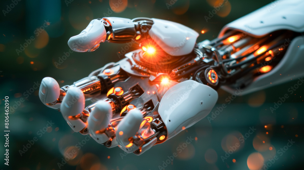 A robotic hand with glowing fingers is shown in a dark background A robotic hand with glowing fingers is shown in a dark background