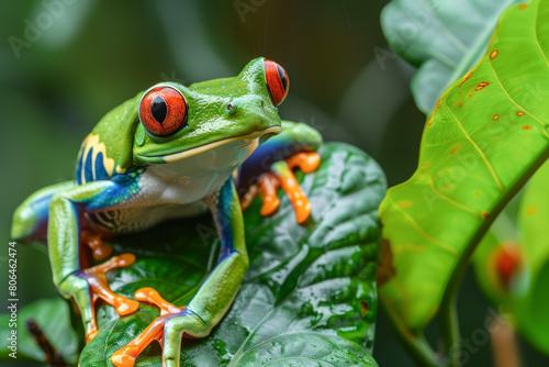 A green frog with red eyes is sitting on a leaf