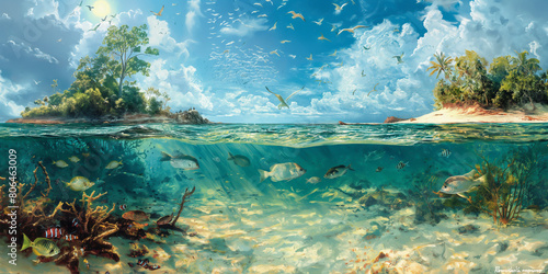 Picture of a tropical island entering the sea Bringing both marine and terrestrial life together. photo