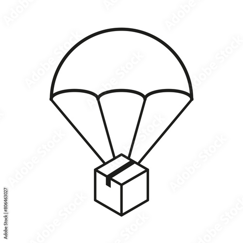 Parcel delivery concept. Vector parachute package. Airborne cargo transport. Simple drop icon.