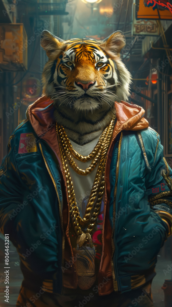 Trendsetting tiger in a bomber jacket, accessorized with gold chains, against a graffiti-filled