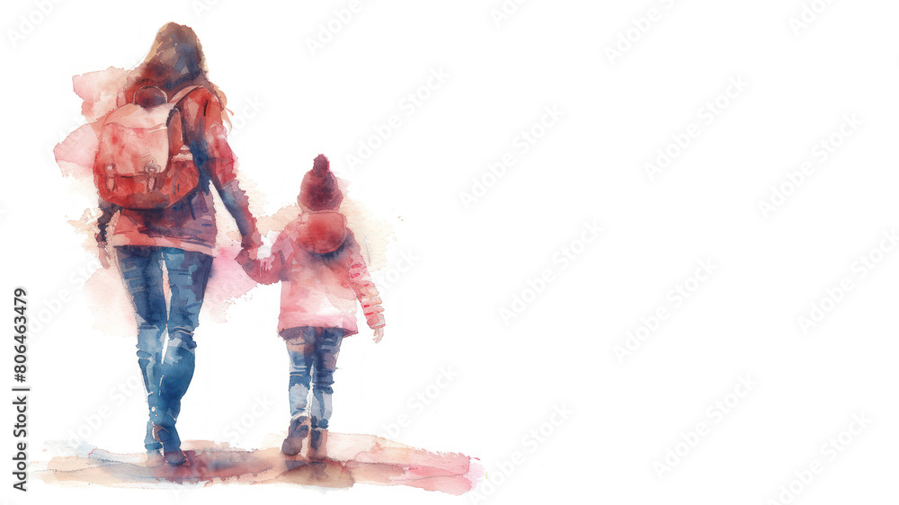 Pink watercolor of A mother with her preschooler going to school Pink watercolor of A mother with her preschooler going to school