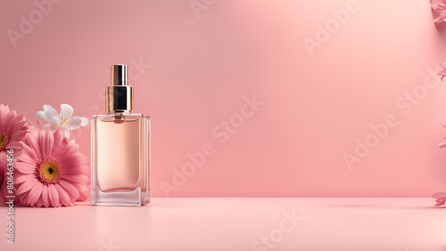 A bottle of perfume is on a table next to a bunch of pink flowers