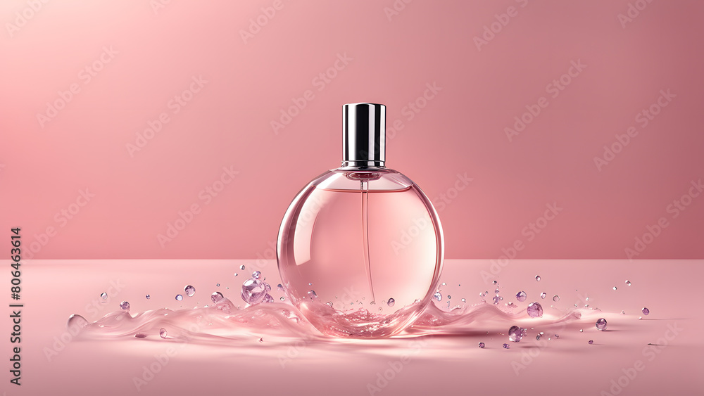 A bottle of perfume is sitting on a table with a pink background A bottle of perfume is sitting on a table with a pink background