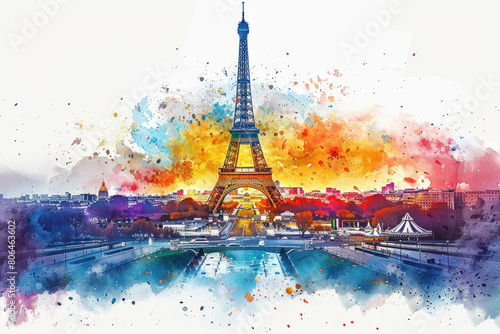 Colorful watercolor paint of Paris cityscape with the Eiffel Tower