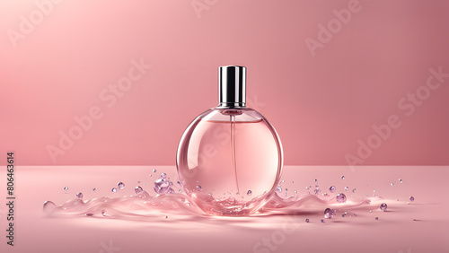 A bottle of perfume is sitting on a table with a pink background