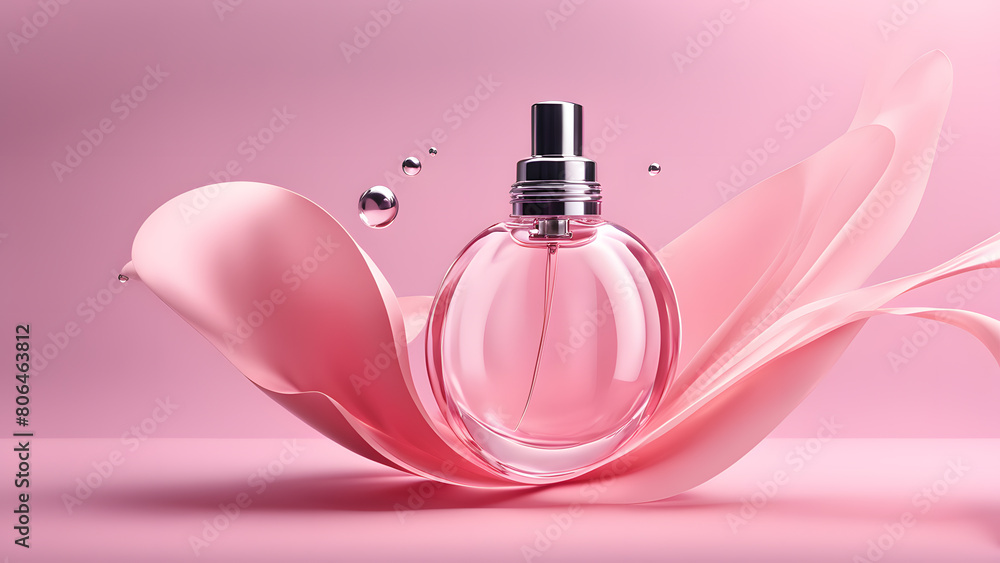 A bottle of perfume is on a pink background A bottle of perfume is on a pink background
