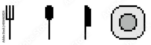 pixel art of  fork spoon knife plate, set of cutlery, cutlery, breakfast, lunch, dinner, spoon plate fork icon symbol icon symbol ui and ux design, glyphs and stroke line icon.	