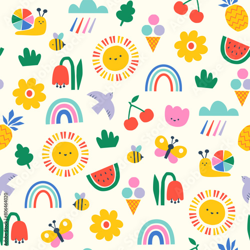 Vector summer seamless pattern with cute colorful hand drawn elements in bright rainbow colors for kids textile, packaging, wrapping paper, wallpaper. © fireflamenco
