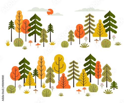 Vector set of autumn forest trees, bushes, mushrooms and berries. Vector forest landscape constructor in flat minimalist style.  © fireflamenco