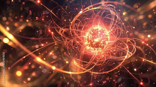 A representation of the inner workings of an atom with particles colliding at breakneck speeds.