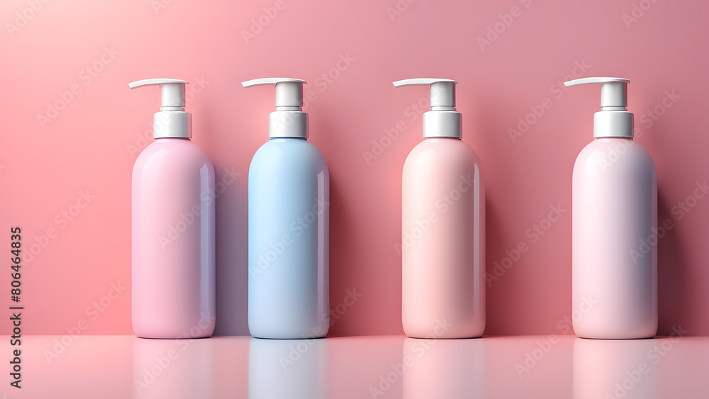 Four bottles of different colored liquid soap are lined up on a pink background Four bottles of different colored liquid soap are lined up on a pink background
