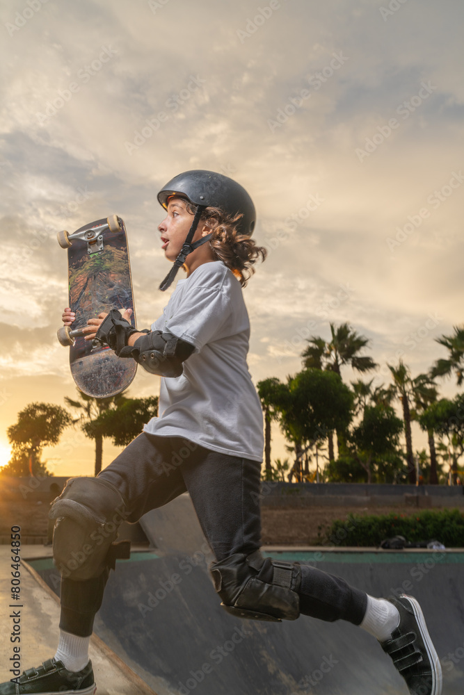 Naklejka premium Boy at the skate park wearing a helmet