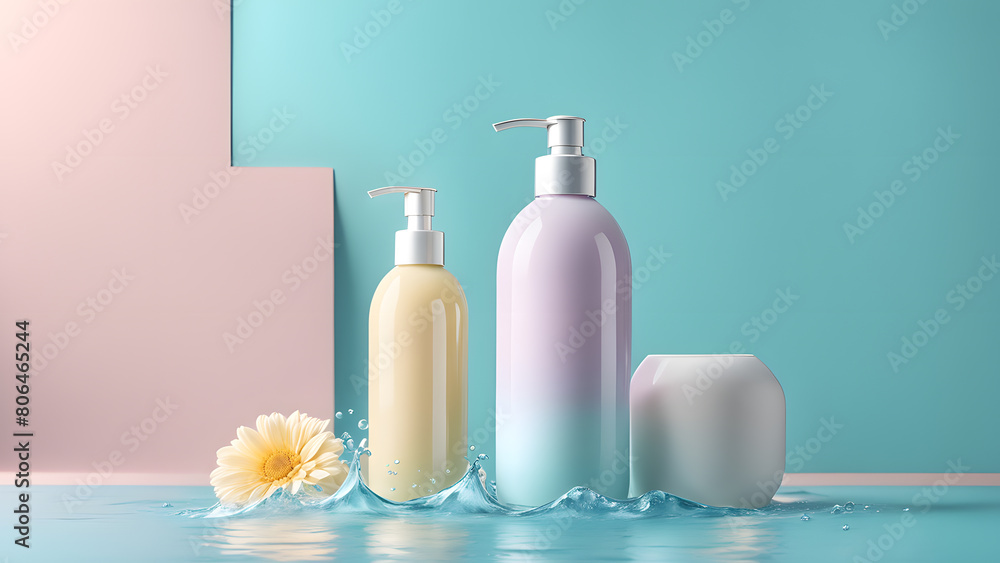 Three bottles of perfume are displayed on a table with a blue background Three bottles of perfume are displayed on a table with a blue background