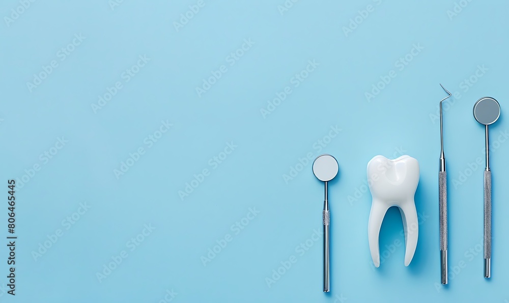 Pastel blue background with teeth and dental tools, copy space, space for text, Generative AI,パステルブルーの背景に歯と歯科用ツール、コピースペース,テキスト用スペース,Generative AI、 Pastel blue background with teeth and dental tools, copy space, space for text, Generative AI,パステルブルーの背景に歯と歯科用ツール、コピースペース,テキスト用スペース,Generative AI、