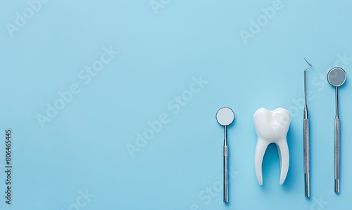 Pastel blue background with teeth and dental tools, copy space, space for text, Generative AI,パステルブルーの背景に歯と歯科用ツール、コピースペース,テキスト用スペース,Generative AI、 photo
