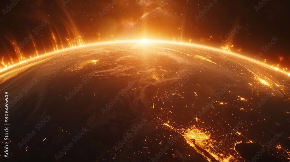 Earth from space. Magical orange particle trails ring the Earth.