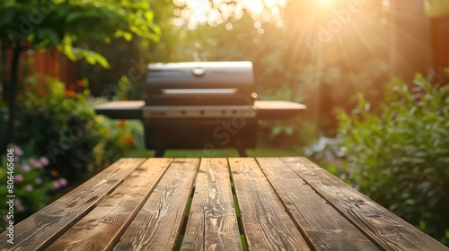 Barbecue grill in the background of the backyard with an empty wooden table. family party concept