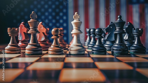 Chess table with pawns covering the American flag. Being a superpower in the world