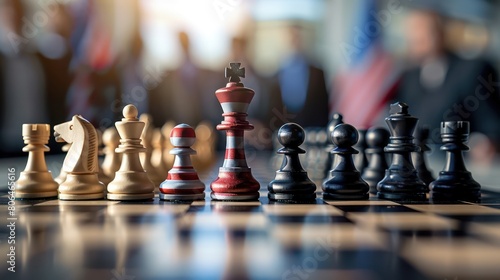 Chess table with pawns covering the American flag. Being a superpower in the world