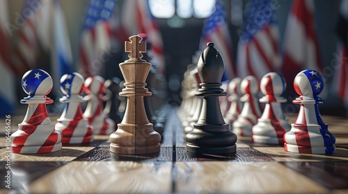 Chess table with pawns covering the American flag. Being a superpower in the world