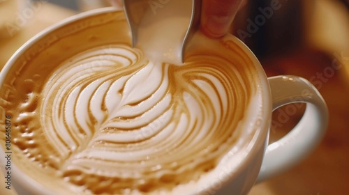 A person gently stirring a creamy latte creating a beautiful swirled design in the foam.