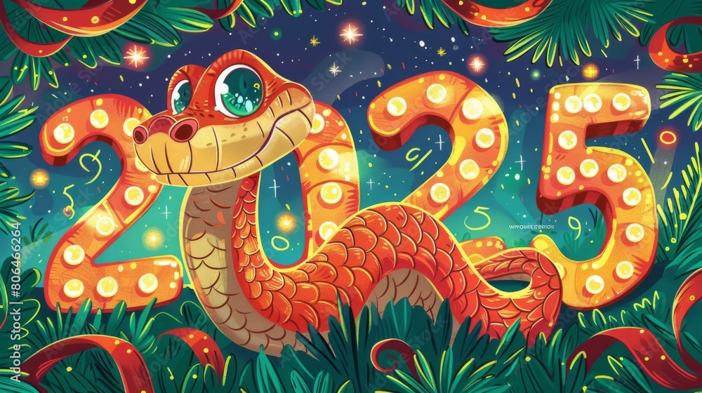 Delightful illustration of a snake creatively forming the year 2025 amidst a dense jungle decorated with festive ornaments and sparkling stars