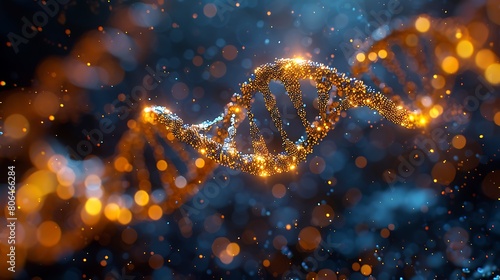 Abstract DNA strand, Golden double helix on a deep blue background, ideal for science or medical presentations.