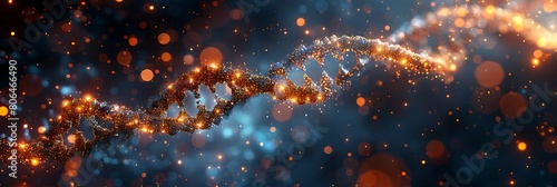 Abstract DNA strand, Golden double helix on a deep blue background, ideal for science or medical presentations. photo