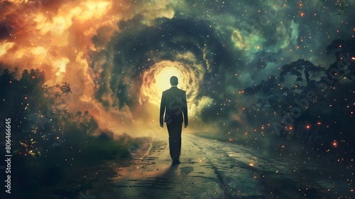 A person stands on a road, confronting a swirling vortex of fire and clouds in the sky. The ominous and dramatic atmosphere surrounds in bright chaos, evoking a sense of mystery photo