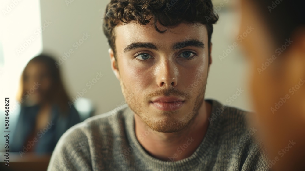 A new member joins the support group for the first time looking relieved and hopeful to have found a safe space to talk about his mental health. A new member joins the support group for the first time looking relieved and hopeful to have found a safe space to talk about his mental health.