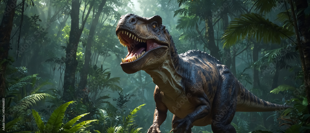 Fototapeta premium A T-Rex dinosaur in a fantastic jungle. 