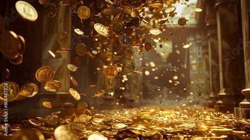 Lavish Shower of Gilded Coins in 3D Visualization with Ornate Renaissance Inspired Aesthetic Generative ai