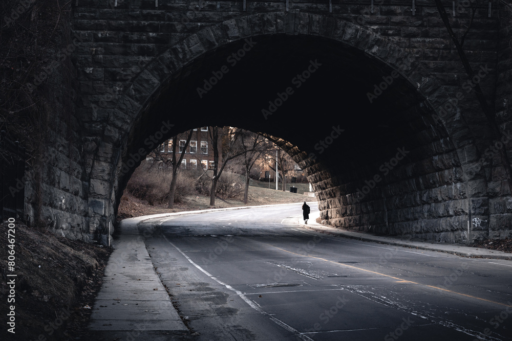 Person walks under dark bridge with tints of monochrome landscape