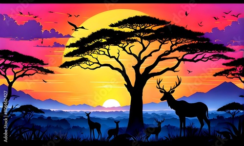 A majestic African sunset bathes wildlife in a warm glow. Natural beauty  interconnection. Vector illustration. Generative AI