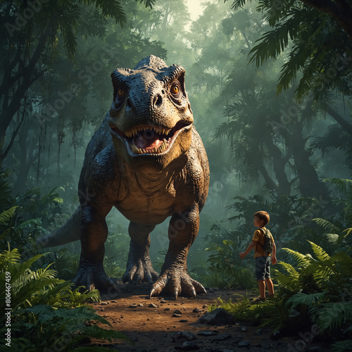 A T-Rex dinosaur and a child in a fantastic jungle. 