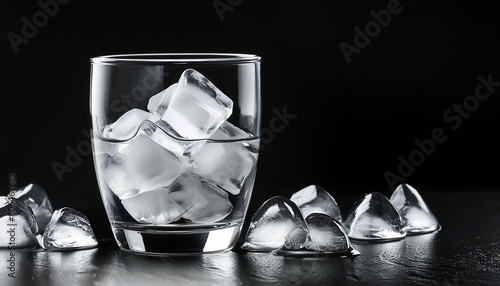 Cup of water and ice, glass, chips, melting, liquid, cold, black background, copy space