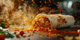 Delicious homemade burrito cooking process with a variety of spices and ingredients on a table