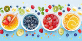 Various fruit juices in bowls on a blue background, flat top view illustration