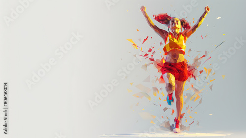 Red yellow geometric form illustration of runner celebrating victory