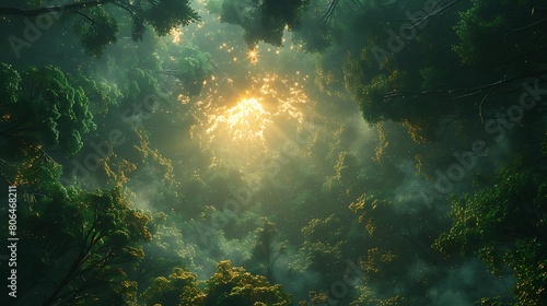  Abstract forest, A green forest with silhouettes of trees and golden sunlight filtering through the leaves