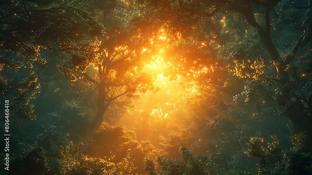  Abstract forest, A green forest with silhouettes of trees and golden sunlight filtering through the leaves